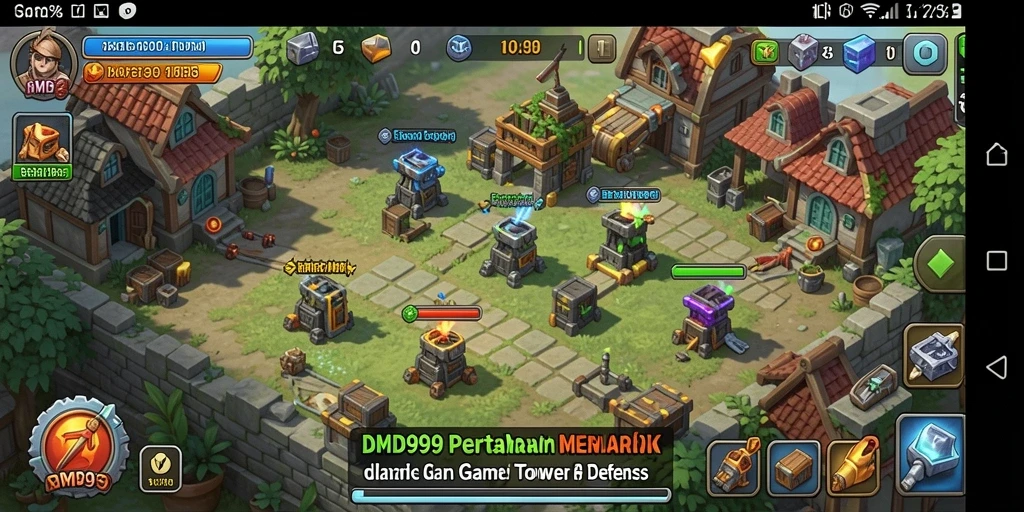 Tangkapan layar DMD999 menunjukkan pertempuran seru dalam game Tower Defense.
