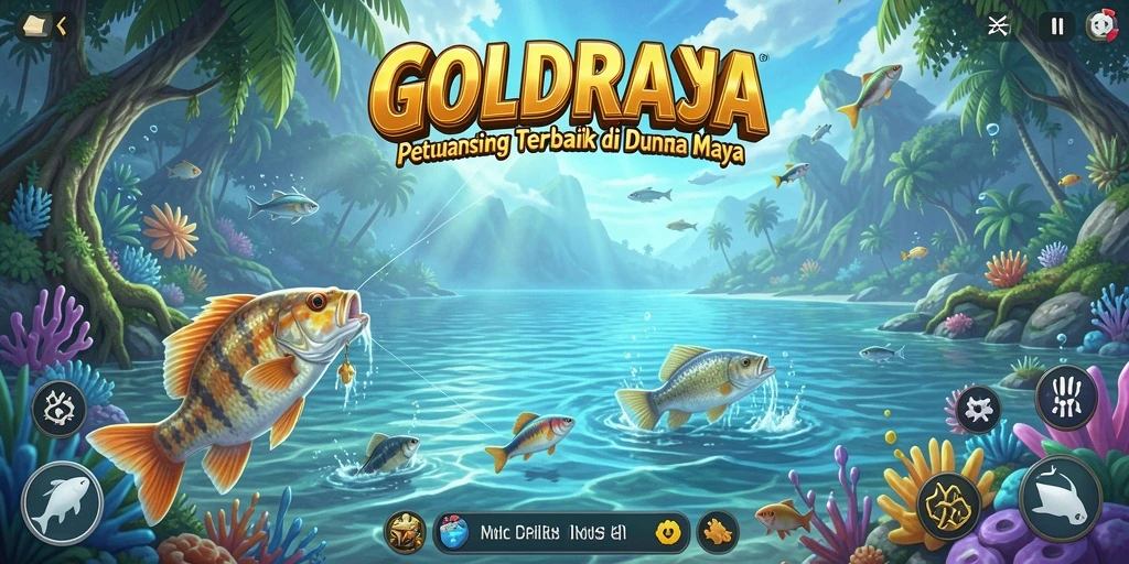 Screenshot gameplay GOLDRAJA yang menampilkan momen memancing yang seru.