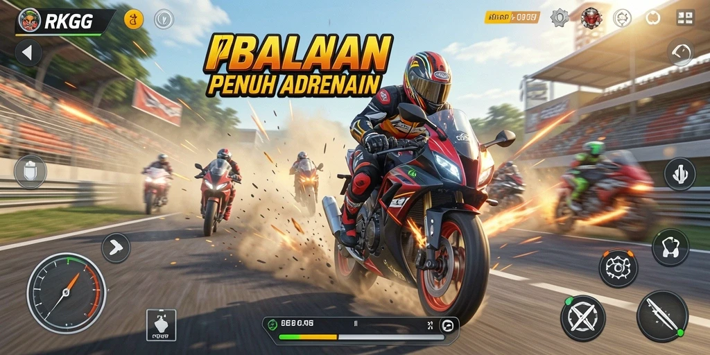 Tampilan gameplay seru balapan motor RKGG yang mendebarkan.