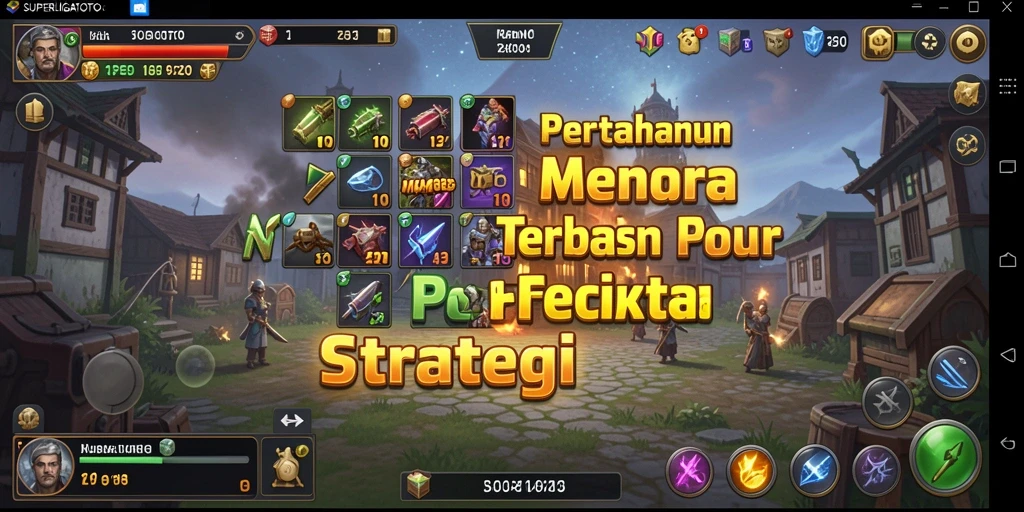 Tampilan gameplay SUPERLIGATOTO dengan menara menakjubkan dan strategi pertahanan.